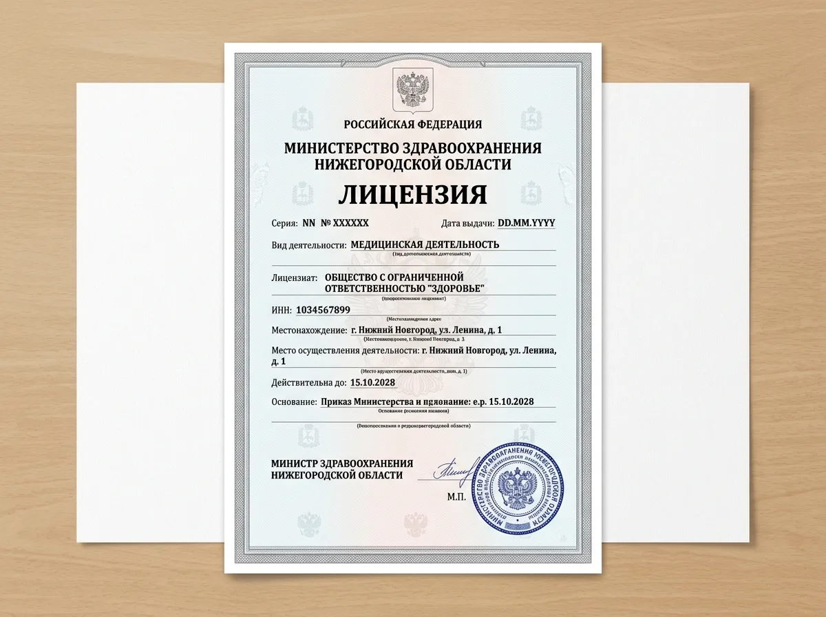 Лицензия Минздрава Нижегородской области на медицинскую деятельность — официальный документ с синей гербовой печатью на белом фоне